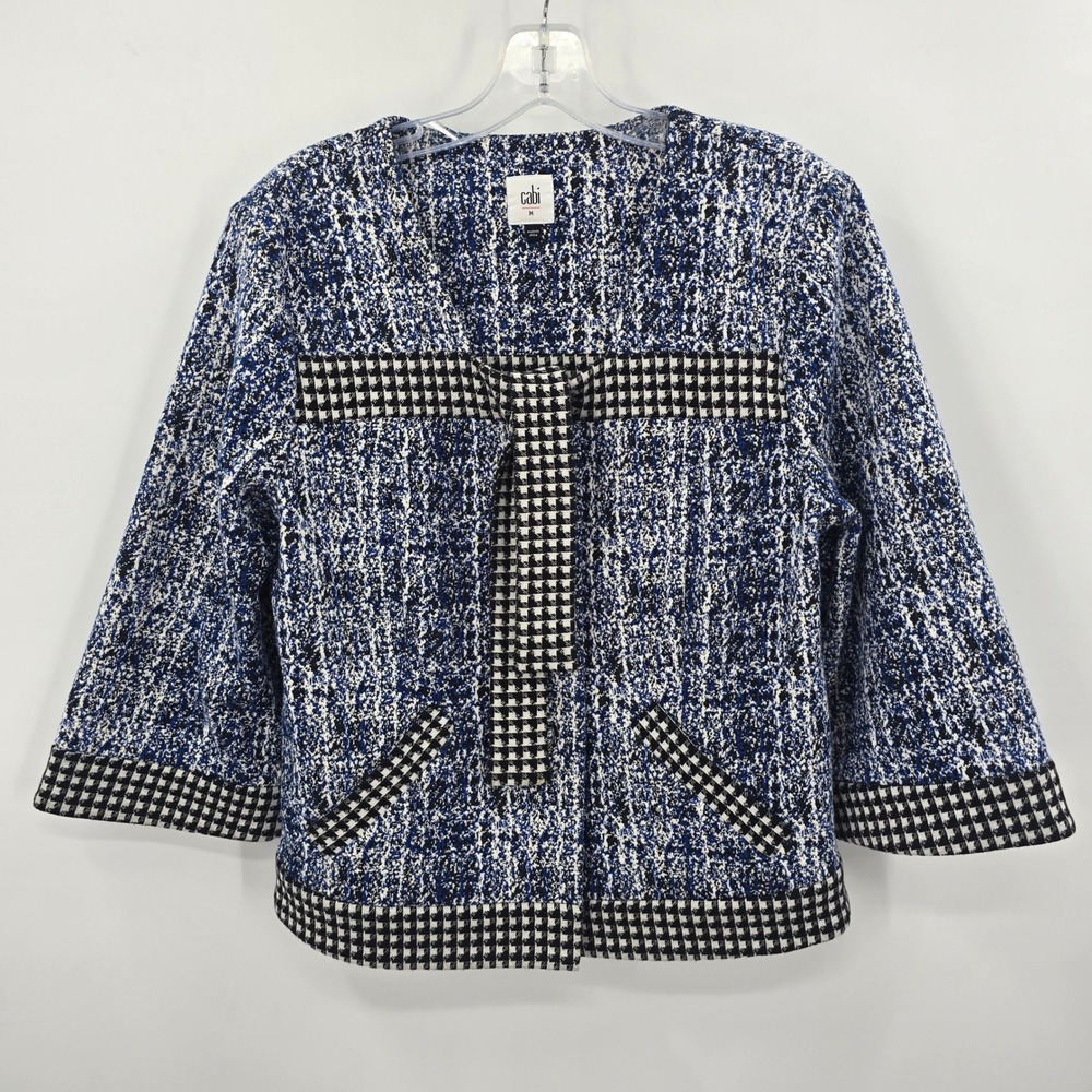 Cabi  Blue‎ White Marled Knit Blazer Womens Medium  Trim Snap Front Jacket